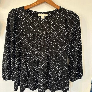 Monteau Womens Black Polka Dot Baby Doll 3/4 Sleeves & Ruffle Hem Top